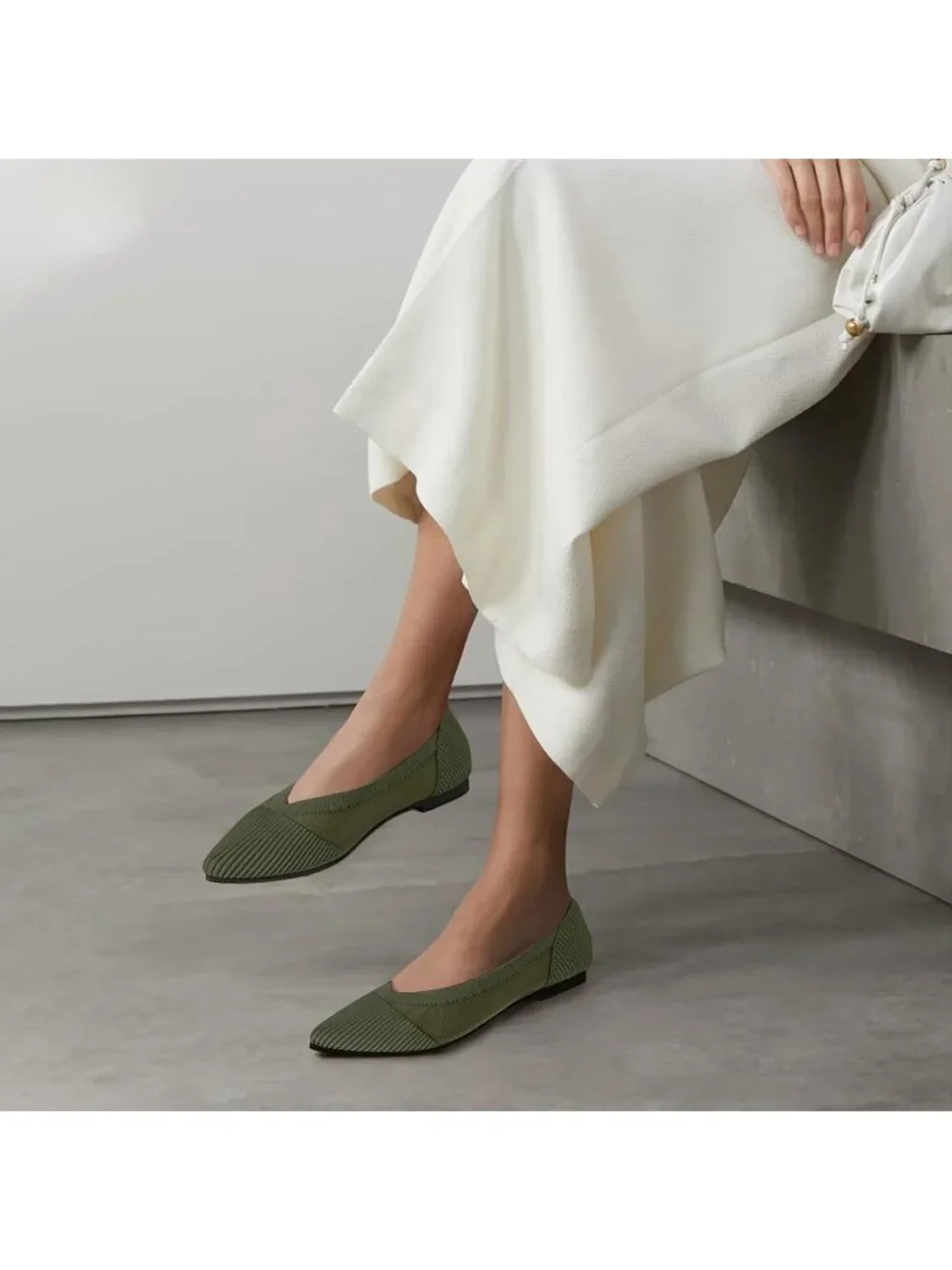Women's Green Flats Shoes Pointed Toe Knit Ballet Comfortable Dressy Mesh Flat